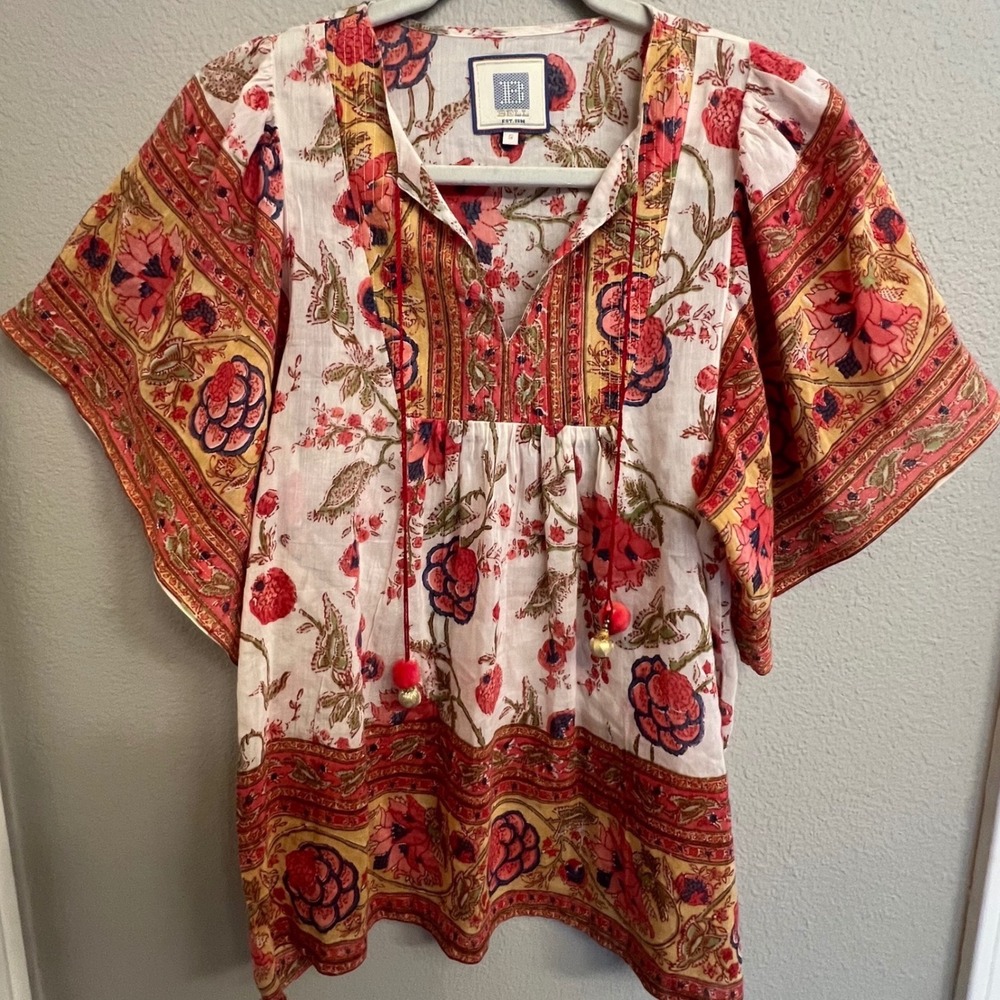 Bell by Alicia Bell Floral Block Print Cotton Voile Tassel Boho Top Womens Small